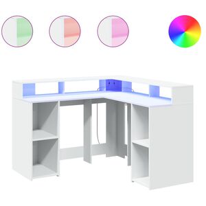 vidaXL Birou cu lumini LED, alb, 130x130x91 cm, lemn prelucrat