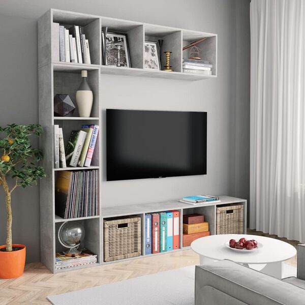 vidaXL Set bibliotecă/comodă TV, 3 piese, gri beton, 180x30x180 cm