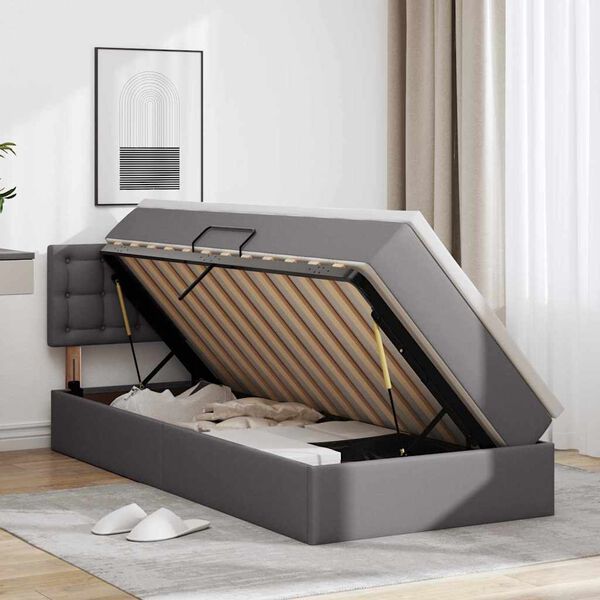 vidaXL Pat cu saltea și LED cu led Gri 90 x 200 cm Piele artificială