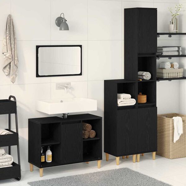 vidaXL Set de mobilier pentru baie cu ușă 3 pcs Negru Lemn compozit