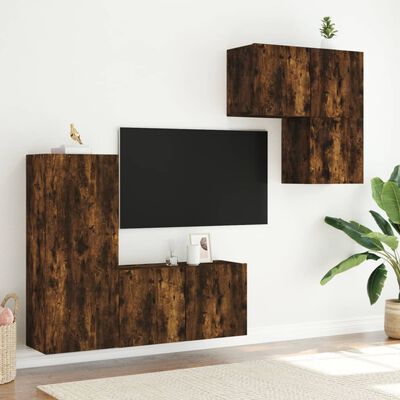 vidaXL Unități TV de perete cu LED-uri, 4 piese, stejar fumuriu, lemn