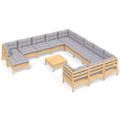 vidaXL Set mobilier grădină cu perne, 13 piese, gri, lemn de pin