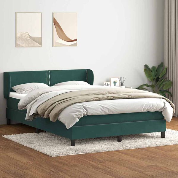 vidaXL Pat box spring cu saltea, verde &icirc;nchis, 140x220 cm, catifea