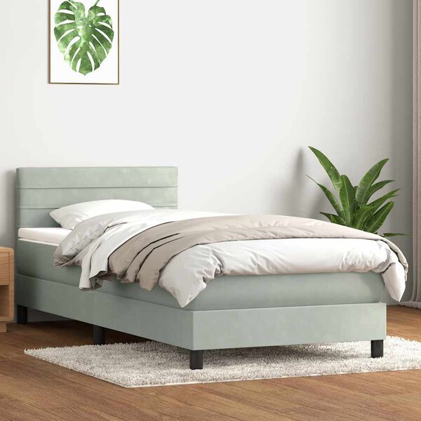 vidaXL Pat box spring cu saltea, gri deschis, 90x210 cm, catifea