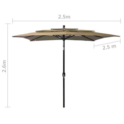 vidaXL Umbrelă de soare 3 niveluri stâlp aluminiu gri taupe 2,5x2,5 m