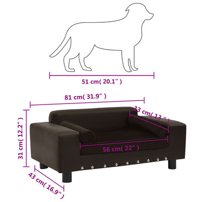 vidaXL Canapea pentru câini, maro, 81x43x31cm, pluș & piele ecologică