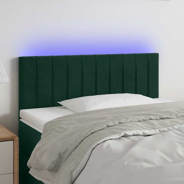 vidaXL Tăblie de pat cu LED, verde &icirc;nchis, 100x5x78/88 cm, catifea