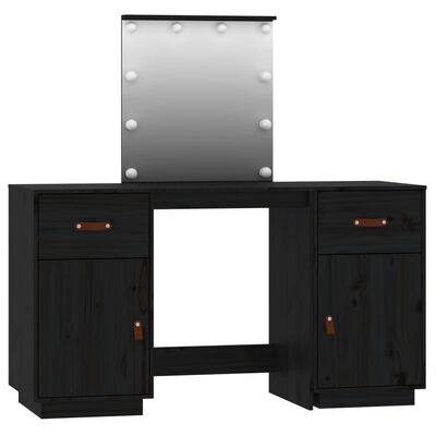 vidaXL Set de masă de toaletă cu LED, negru, lemn masiv de pin