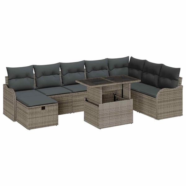 vidaXL Set de canapele pentru grădină cu pernă 9 pcs Gri Rattan poli