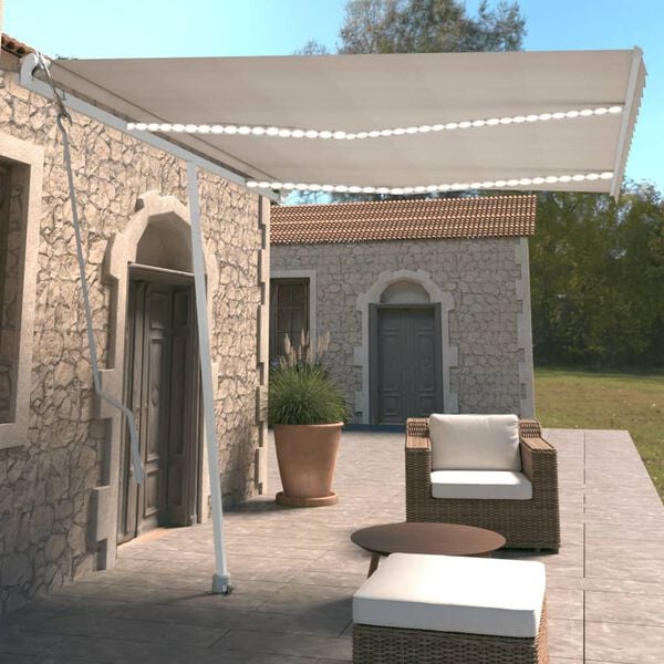 vidaXL Copertină automată cu senzor v&acirc;nt & LED, crem, 350x250 cm