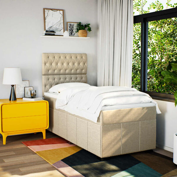 vidaXL Pat box spring cu saltea, crem, 90x200 cm, textil