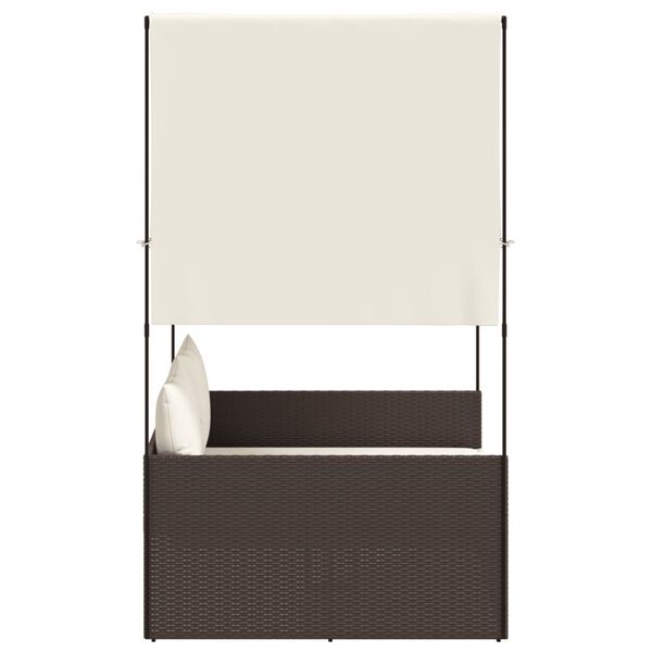 vidaXL Șezlong de plajă dublu cu acoperiș și perdele, maro, poliratan