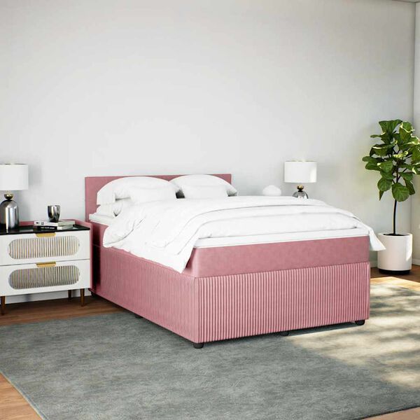 vidaXL Pat box spring cu saltea, roz, 140x200 cm, catifea