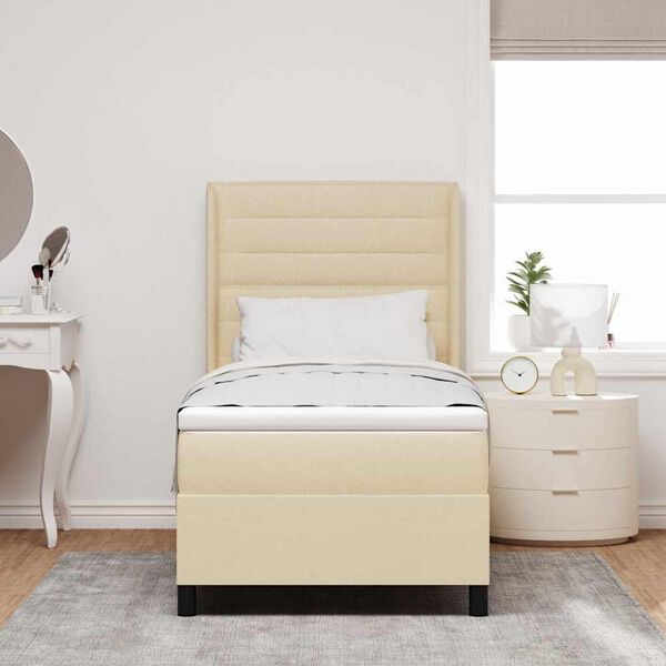 vidaXL Pat cu arcuri cu saltea cu headboard Crem 90 x 200 cm țesătură
