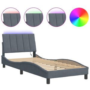vidaXL Cadru de pat cu LED fără saltea, Hanko, gri &icirc;nchis, 90x190 cm, catifea