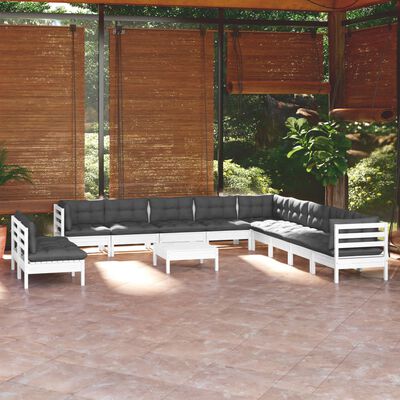 vidaXL Set mobilier grădină cu perne, 12 piese, alb, lemn masiv pin