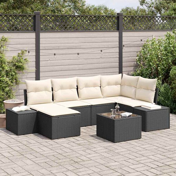 vidaXL Set de canapele pentru grădină 7 pcs negru și crem Rattan poli