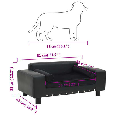 vidaXL Canapea pentru câini, negru, 81x43x31cm, pluș & piele ecologică