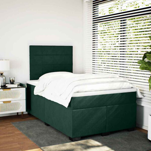 vidaXL Pat box spring cu saltea, verde &icirc;nchis, 120x190 cm, catifea