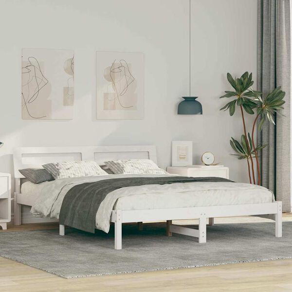 vidaXL Cadru de pat cu headboard Alb 160 x 200 cm Lemn de pin masiv