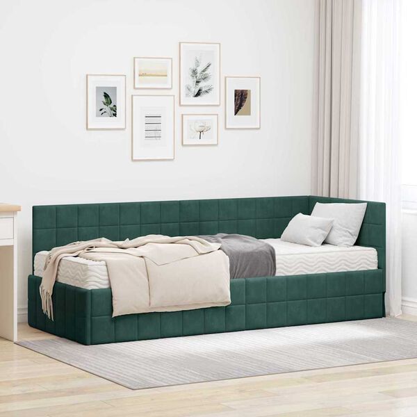 vidaXL Cadru de pat colțar cu saltea cu headboard 2 pcs Verde Catifea