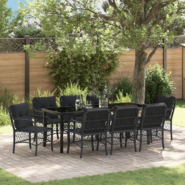 vidaXL Set de masă pentru grădină cu pernă 9 pcs Negru Rattan poli