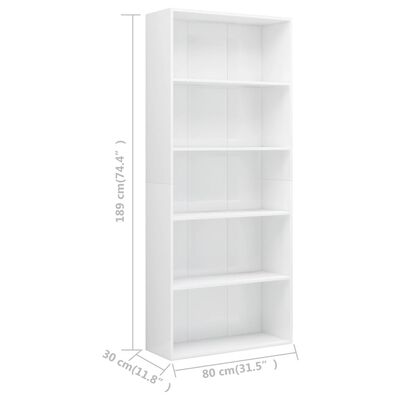 vidaXL Bibliotecă cu 5 rafturi, alb extralucios, 80x30x189 cm, PAL