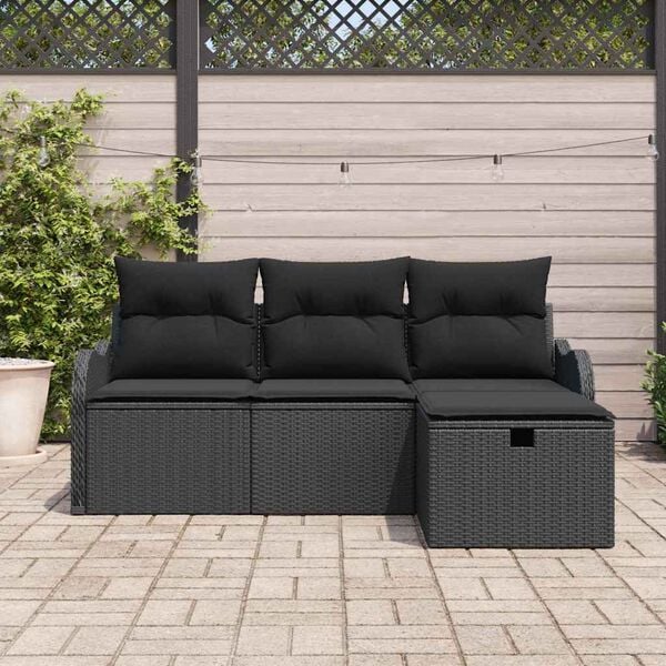 vidaXL Set de canapele pentru grădină cu pernă 4 pcs Negru poliratan