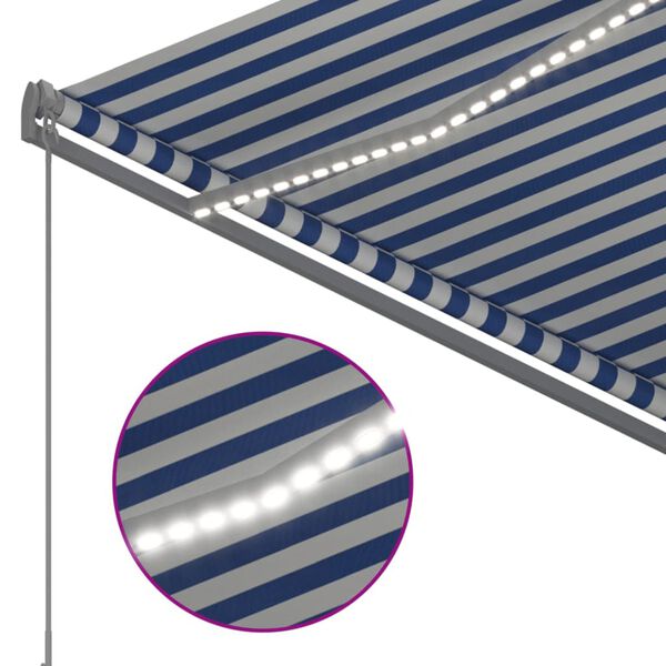 vidaXL Copertină automată cu senzor v&acirc;nt&LED, albastru/alb, 3x2,5 m