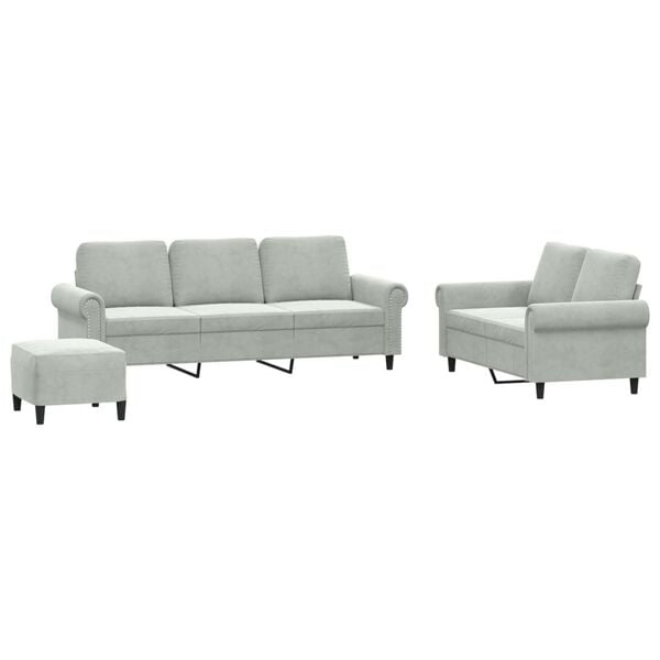 vidaXL Set de canapele cu perne, 3 piese, gri deschis, catifea