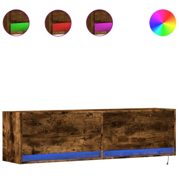 vidaXL Comodă TV de perete cu lumini LED, stejar fumuriu, 140x31x38 cm