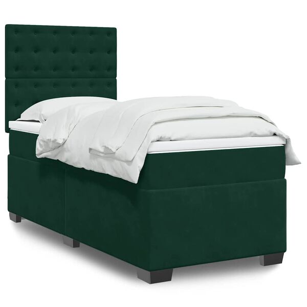 vidaXL Pat box spring cu saltea, verde &icirc;nchis, 90x200 cm, catifea