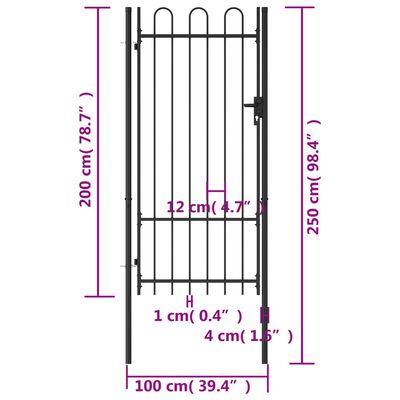 vidaXL Poartă de gard, o ușă, cu vârf arcuit, negru, 1 x 2 m, oțel