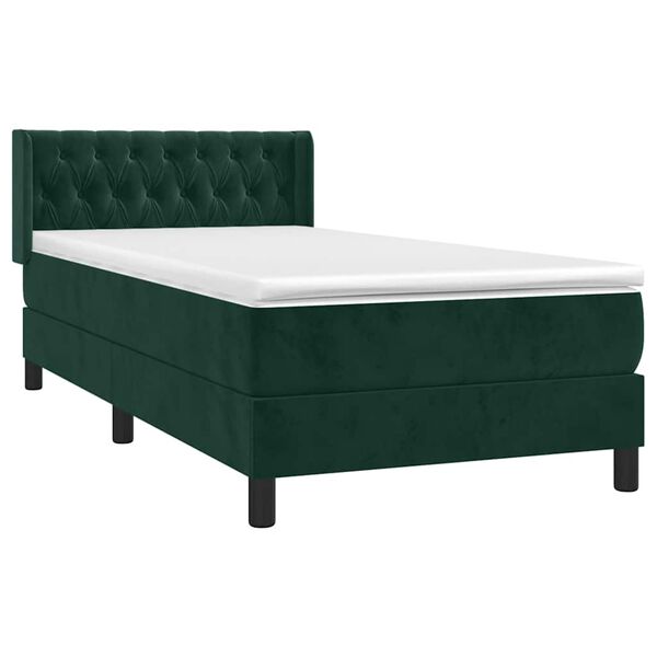 vidaXL Pat box spring cu saltea, verde &icirc;nchis, 90x200 cm, catifea