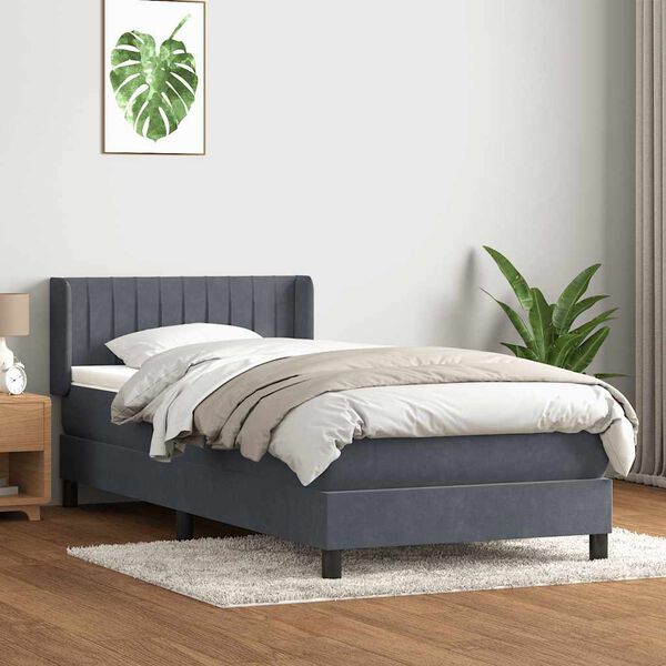vidaXL Pat box spring cu saltea, gri &icirc;nchis, 100x210 cm, catifea