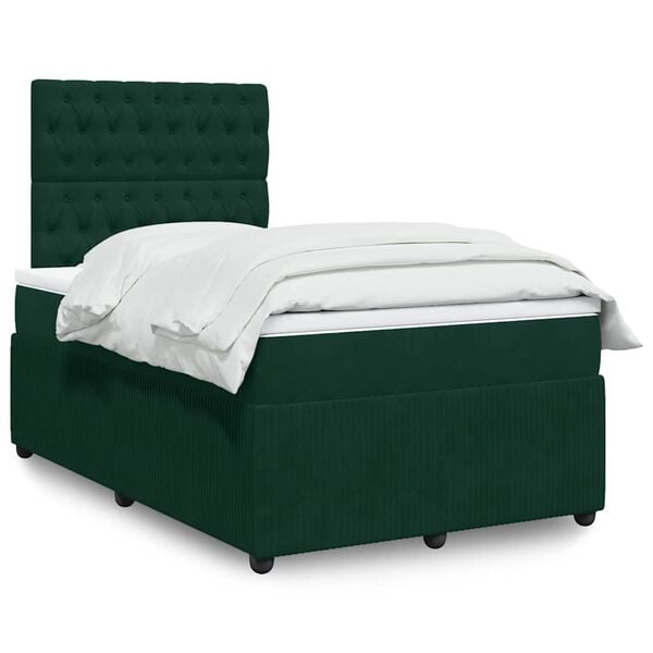 vidaXL Pat box spring cu saltea, verde &icirc;nchis, 120x200 cm, catifea