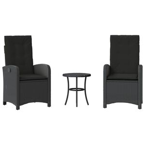 vidaXL Set bistro cu perne, 3 piese, negru, poliratan