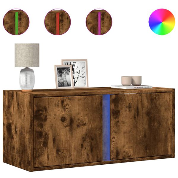 vidaXL Comodă TV de perete cu lumini LED, stejar fumuriu, 80x31x35 cm