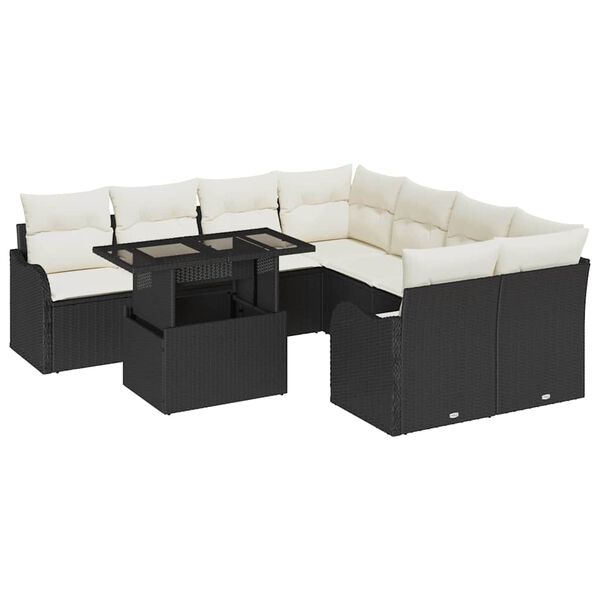 vidaXL Set de canapele pentru grădină cu pernă 9 pcs Negru Rattan poli
