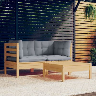 vidaXL Set mobilier de grădină cu perne gri, 3 piese, lemn masiv pin