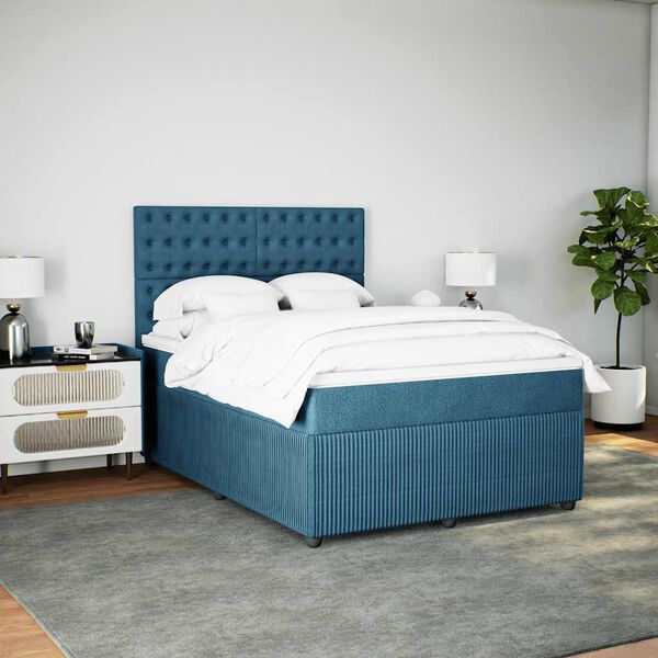vidaXL Pat box spring cu saltea, albastru &icirc;nchis, 160x200 cm, catifea