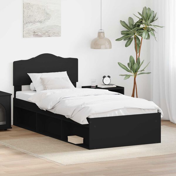 vidaXL Cadru de pat cu headboard Negru 90 x 190 cm Lemn de pin masiv