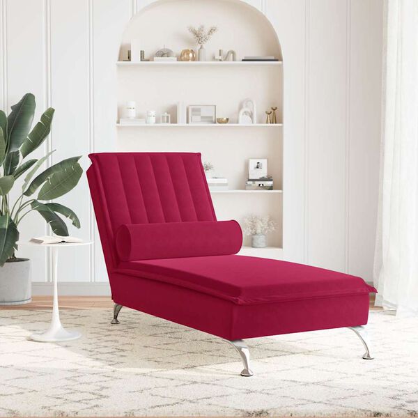 vidaXL Șezlong de masaj cu suport sprijin, roșu vin, catifea