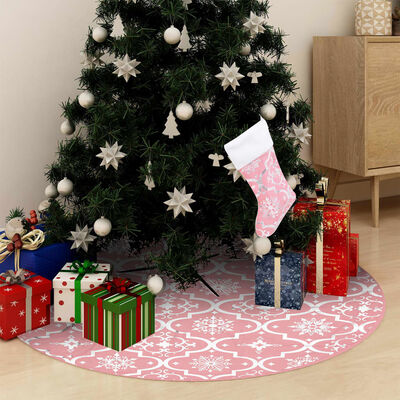 vidaXL Covor fustă de brad Crăciun cu șosetă, roz, 150 cm, țesătură