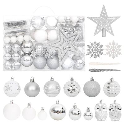 vidaXL Set globuri de Crăciun, 108 piese, argintiu și alb