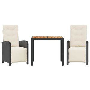 vidaXL Set bistro cu perne, 3 piese, negru, poliratan