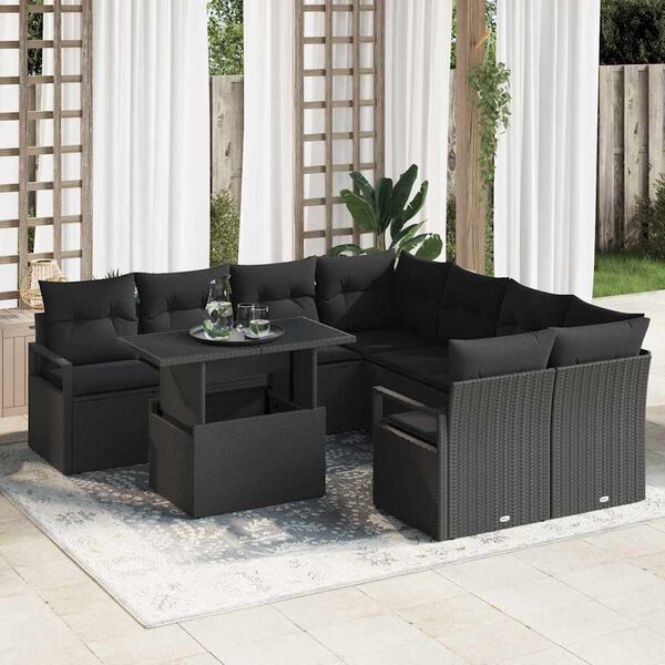 vidaXL Set de canapele pentru grădină cu pernă 9 pcs Negru Rattan poli
