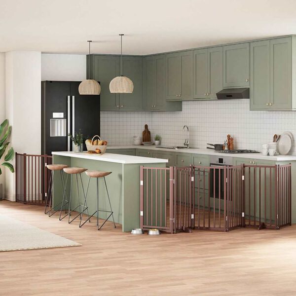 vidaXL Poartă c&acirc;ini pliabilă cu ușă 9 panouri maro, 450 cm, lemn plop