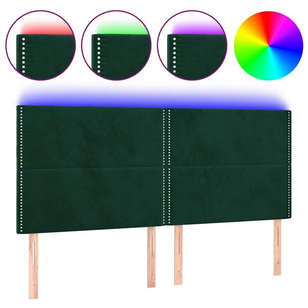 vidaXL Tăblie de pat cu LED, verde &icirc;nchis, 160x5x118/128 cm, catifea