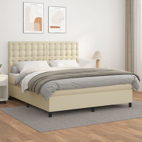 vidaXL Pat box spring cu saltea, crem, 180x200 cm, piele ecologică